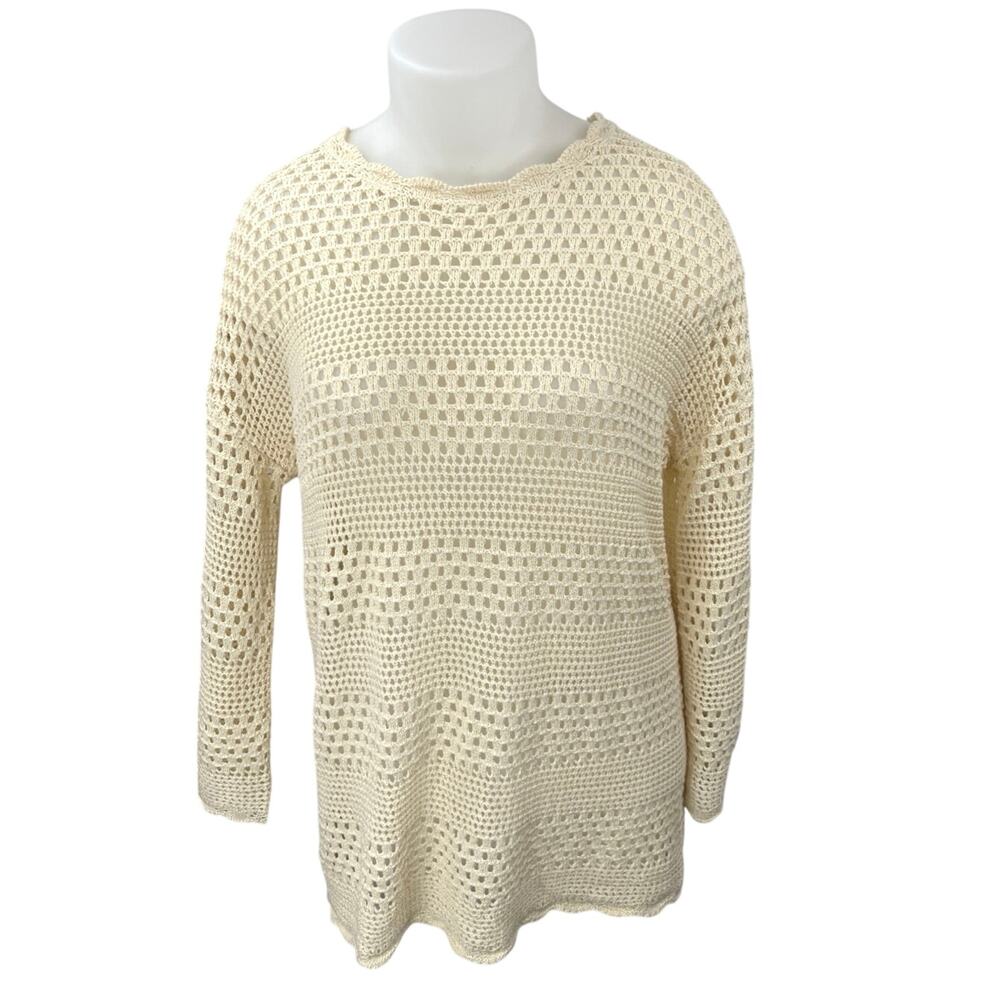Anrabess Cream White Crochet Open Knit Long Sleeve Swim Cover Up Sweater Top XL